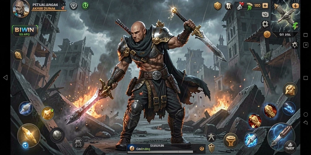 Tangkapan layar utama BIWIN menunjukkan karakter bertarung melawan monster besar dalam dunia ARPG.