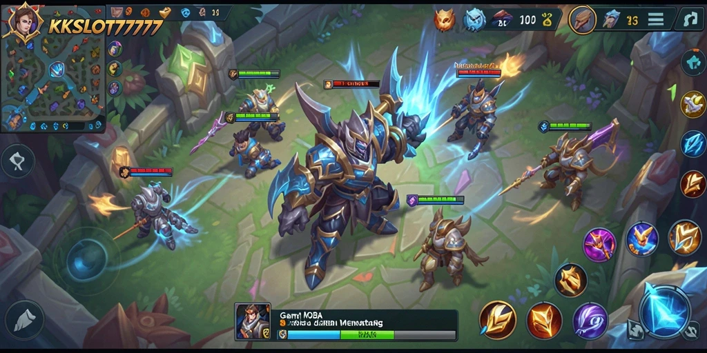 Screenshot KKSLOT777 menampilkan aksi intens pertempuran MOBA.