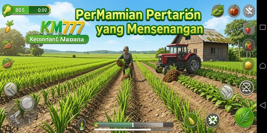 Gameplay KM777 yang memukau dengan pertanian yang subur.