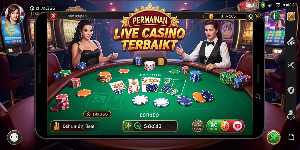 Tampilan utama ME355 dengan dealer profesional dalam permainan Live Casino.