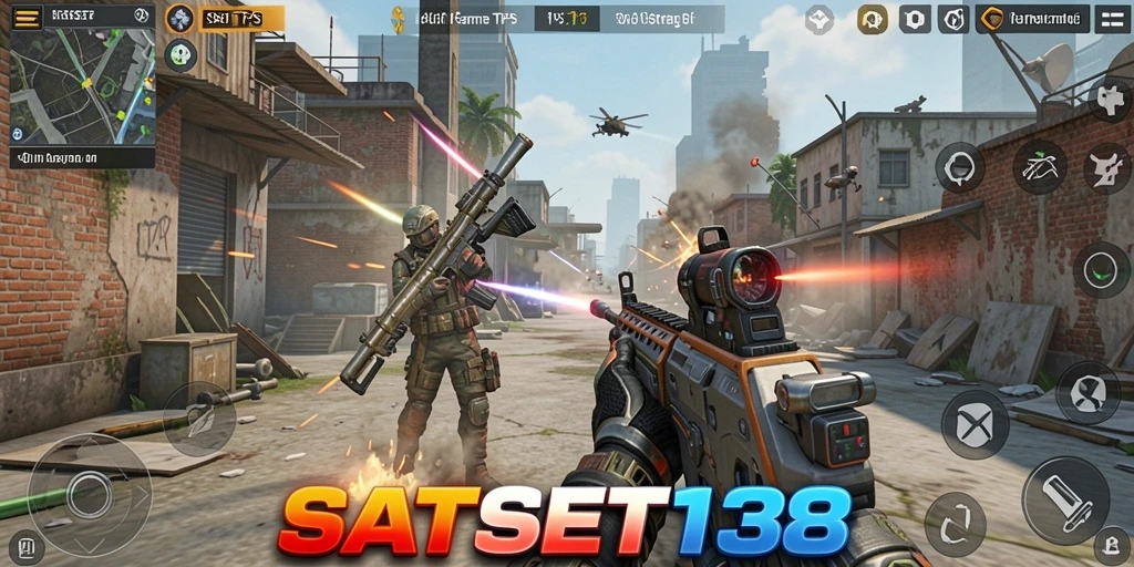 Screenshot utama SATSET138 menampilkan pertempuran intens dalam game TPS.